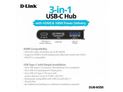 D-Link DUB-M350 3 trong 1 USB C PD đa chức năng Hub với HDMI 4K, Cấp nguồn 100W, USB 3.0 | Cắm và chạy